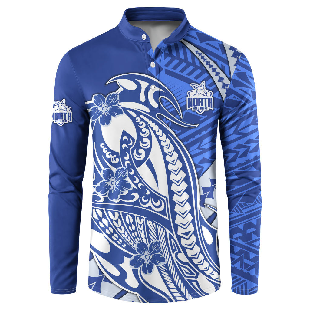 Personalized North Melbourne Kangaroos Button Sweatshirt Polynesian Tribal Kangaroo Mascot With Hibiscus Floral Art