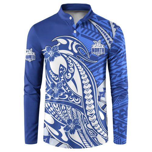 Personalized North Melbourne Kangaroos Button Sweatshirt Polynesian Tribal Kangaroo Mascot With Hibiscus Floral Art