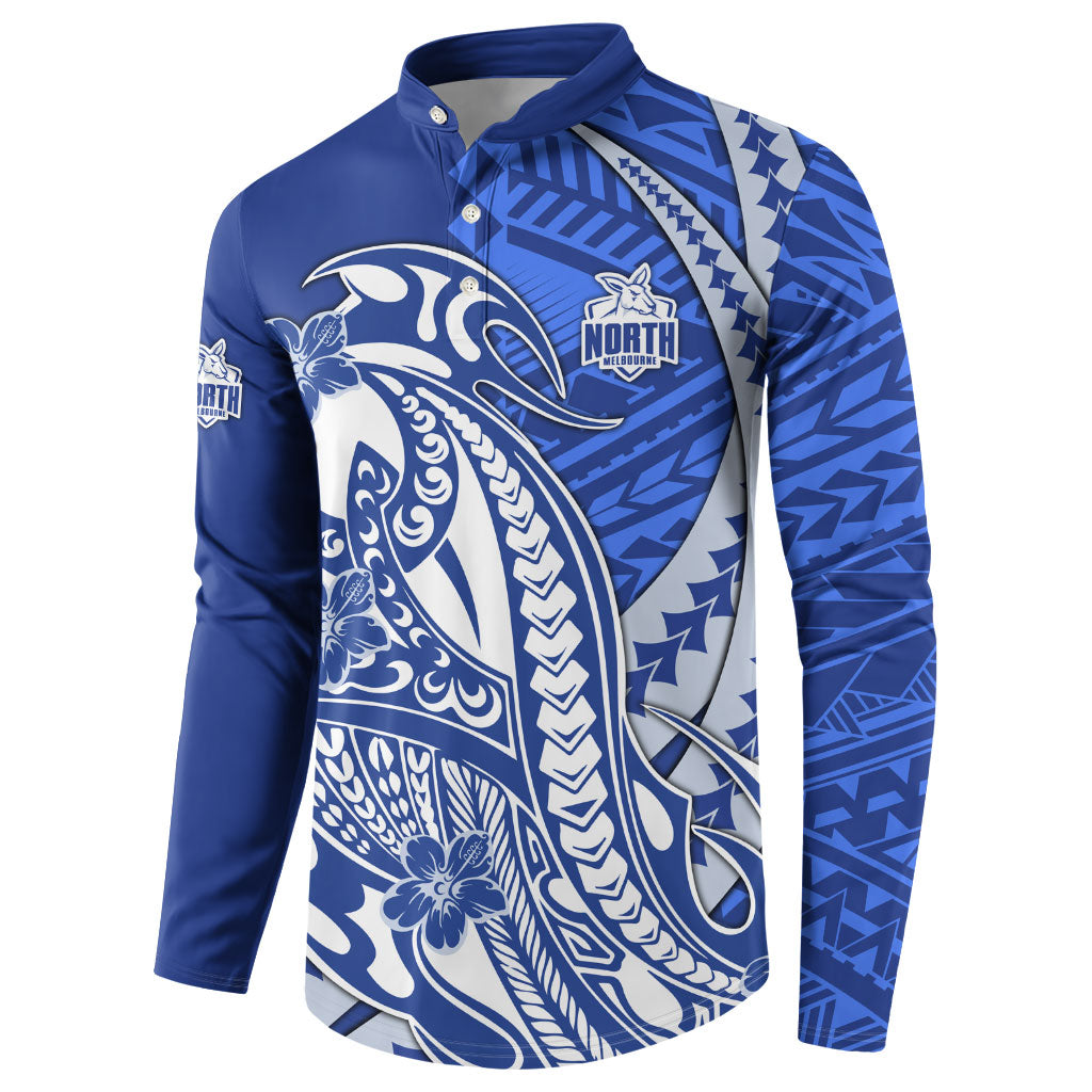 Personalized North Melbourne Kangaroos Button Sweatshirt Polynesian Tribal Kangaroo Mascot With Hibiscus Floral Art