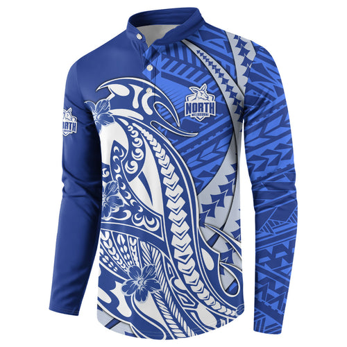 Personalized North Melbourne Kangaroos Button Sweatshirt Polynesian Tribal Kangaroo Mascot With Hibiscus Floral Art