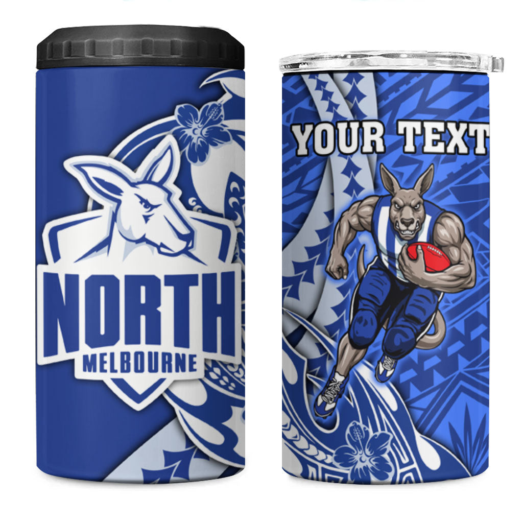 Personalized North Melbourne Kangaroos 4 in 1 Can Cooler Tumbler Polynesian Tribal Kangaroo Mascot With Hibiscus Floral Art