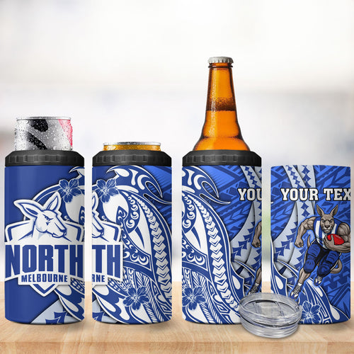 Personalized North Melbourne Kangaroos 4 in 1 Can Cooler Tumbler Polynesian Tribal Kangaroo Mascot With Hibiscus Floral Art