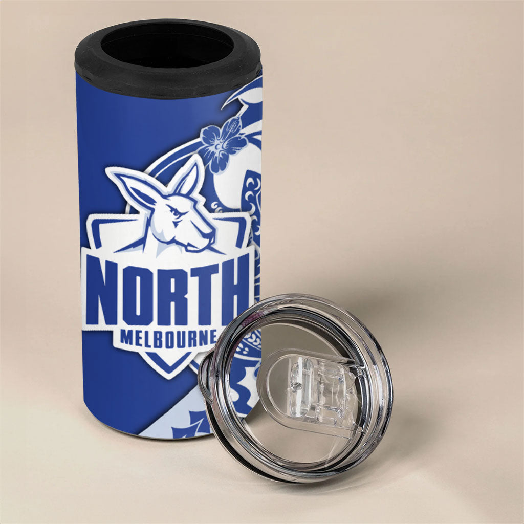 Personalized North Melbourne Kangaroos 4 in 1 Can Cooler Tumbler Polynesian Tribal Kangaroo Mascot With Hibiscus Floral Art