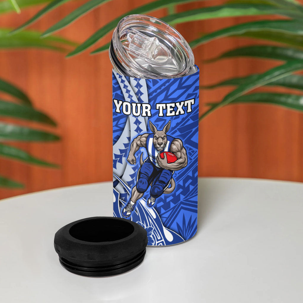Personalized North Melbourne Kangaroos 4 in 1 Can Cooler Tumbler Polynesian Tribal Kangaroo Mascot With Hibiscus Floral Art
