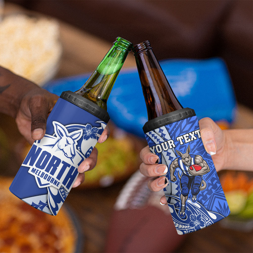 Personalized North Melbourne Kangaroos 4 in 1 Can Cooler Tumbler Polynesian Tribal Kangaroo Mascot With Hibiscus Floral Art