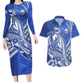 Personalized North Melbourne Kangaroos Couples Matching Long Sleeve Bodycon Dress and Hawaiian Shirt Polynesian Tribal Kangaroo Mascot With Hibiscus Floral Art