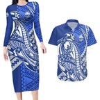 Personalized North Melbourne Kangaroos Couples Matching Long Sleeve Bodycon Dress and Hawaiian Shirt Polynesian Tribal Kangaroo Mascot With Hibiscus Floral Art
