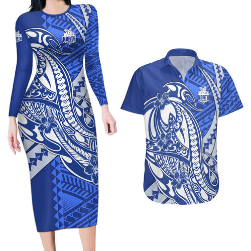 Personalized North Melbourne Kangaroos Couples Matching Long Sleeve Bodycon Dress and Hawaiian Shirt Polynesian Tribal Kangaroo Mascot With Hibiscus Floral Art
