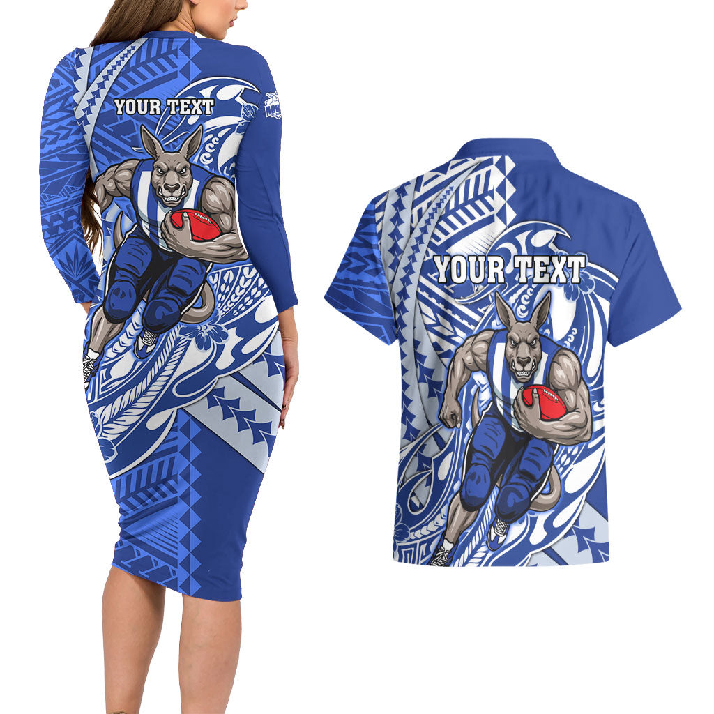 Personalized North Melbourne Kangaroos Couples Matching Long Sleeve Bodycon Dress and Hawaiian Shirt Polynesian Tribal Kangaroo Mascot With Hibiscus Floral Art