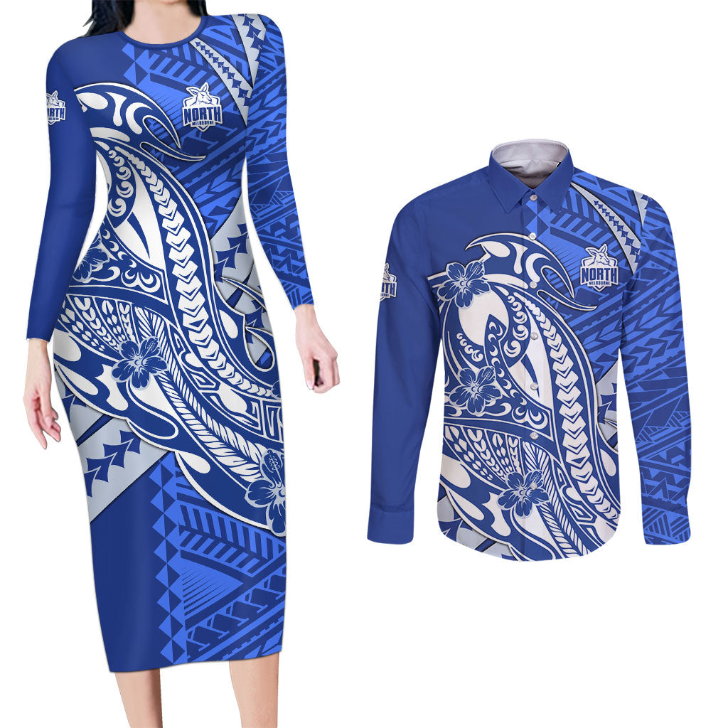 Personalized North Melbourne Kangaroos Couples Matching Long Sleeve Bodycon Dress and Long Sleeve Button Shirt Polynesian Tribal Kangaroo Mascot With Hibiscus Floral Art
