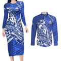Personalized North Melbourne Kangaroos Couples Matching Long Sleeve Bodycon Dress and Long Sleeve Button Shirt Polynesian Tribal Kangaroo Mascot With Hibiscus Floral Art
