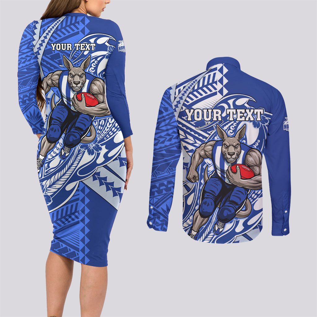 Personalized North Melbourne Kangaroos Couples Matching Long Sleeve Bodycon Dress and Long Sleeve Button Shirt Polynesian Tribal Kangaroo Mascot With Hibiscus Floral Art
