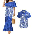 Personalized North Melbourne Kangaroos Couples Matching Mermaid Dress and Hawaiian Shirt Polynesian Tribal Kangaroo Mascot With Hibiscus Floral Art