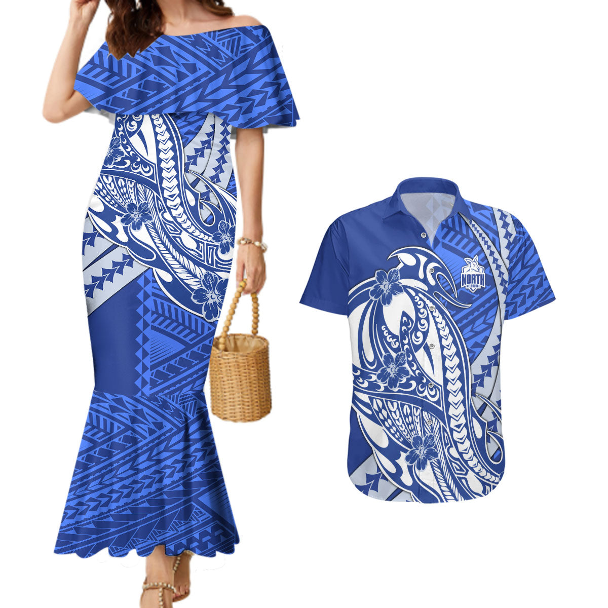 Personalized North Melbourne Kangaroos Couples Matching Mermaid Dress and Hawaiian Shirt Polynesian Tribal Kangaroo Mascot With Hibiscus Floral Art