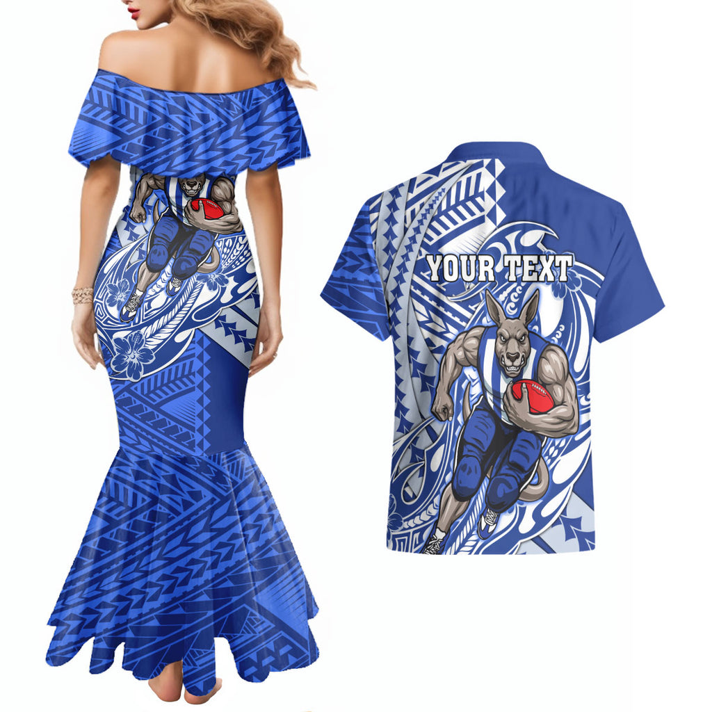 Personalized North Melbourne Kangaroos Couples Matching Mermaid Dress and Hawaiian Shirt Polynesian Tribal Kangaroo Mascot With Hibiscus Floral Art