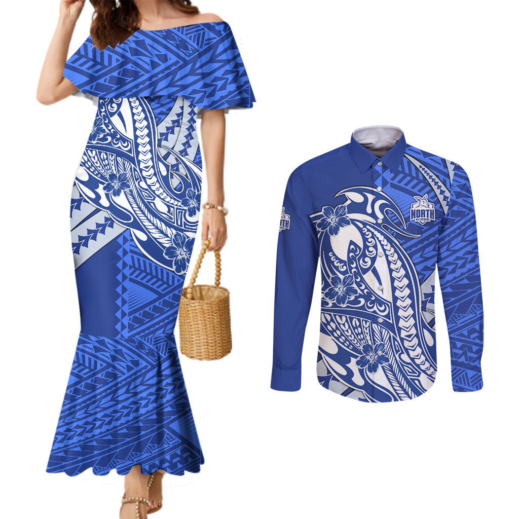 Personalized North Melbourne Kangaroos Couples Matching Mermaid Dress and Long Sleeve Button Shirt Polynesian Tribal Kangaroo Mascot With Hibiscus Floral Art