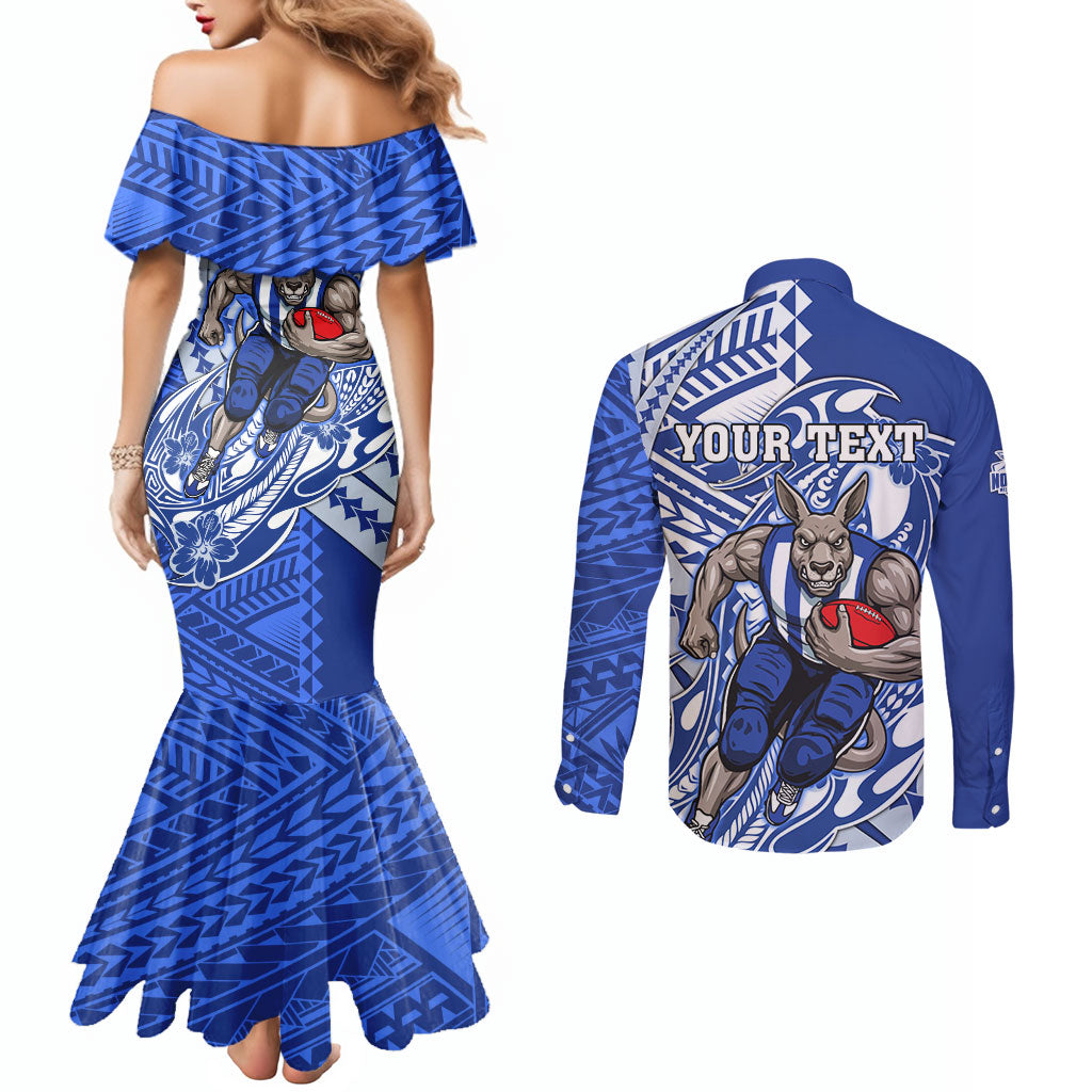 Personalized North Melbourne Kangaroos Couples Matching Mermaid Dress and Long Sleeve Button Shirt Polynesian Tribal Kangaroo Mascot With Hibiscus Floral Art