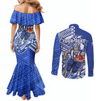 Personalized North Melbourne Kangaroos Couples Matching Mermaid Dress and Long Sleeve Button Shirt Polynesian Tribal Kangaroo Mascot With Hibiscus Floral Art