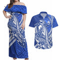 Personalized North Melbourne Kangaroos Couples Matching Off Shoulder Maxi Dress and Hawaiian Shirt Polynesian Tribal Kangaroo Mascot With Hibiscus Floral Art