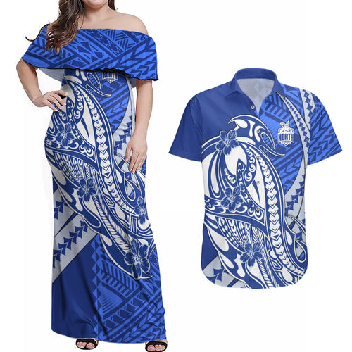 Personalized North Melbourne Kangaroos Couples Matching Off Shoulder Maxi Dress and Hawaiian Shirt Polynesian Tribal Kangaroo Mascot With Hibiscus Floral Art