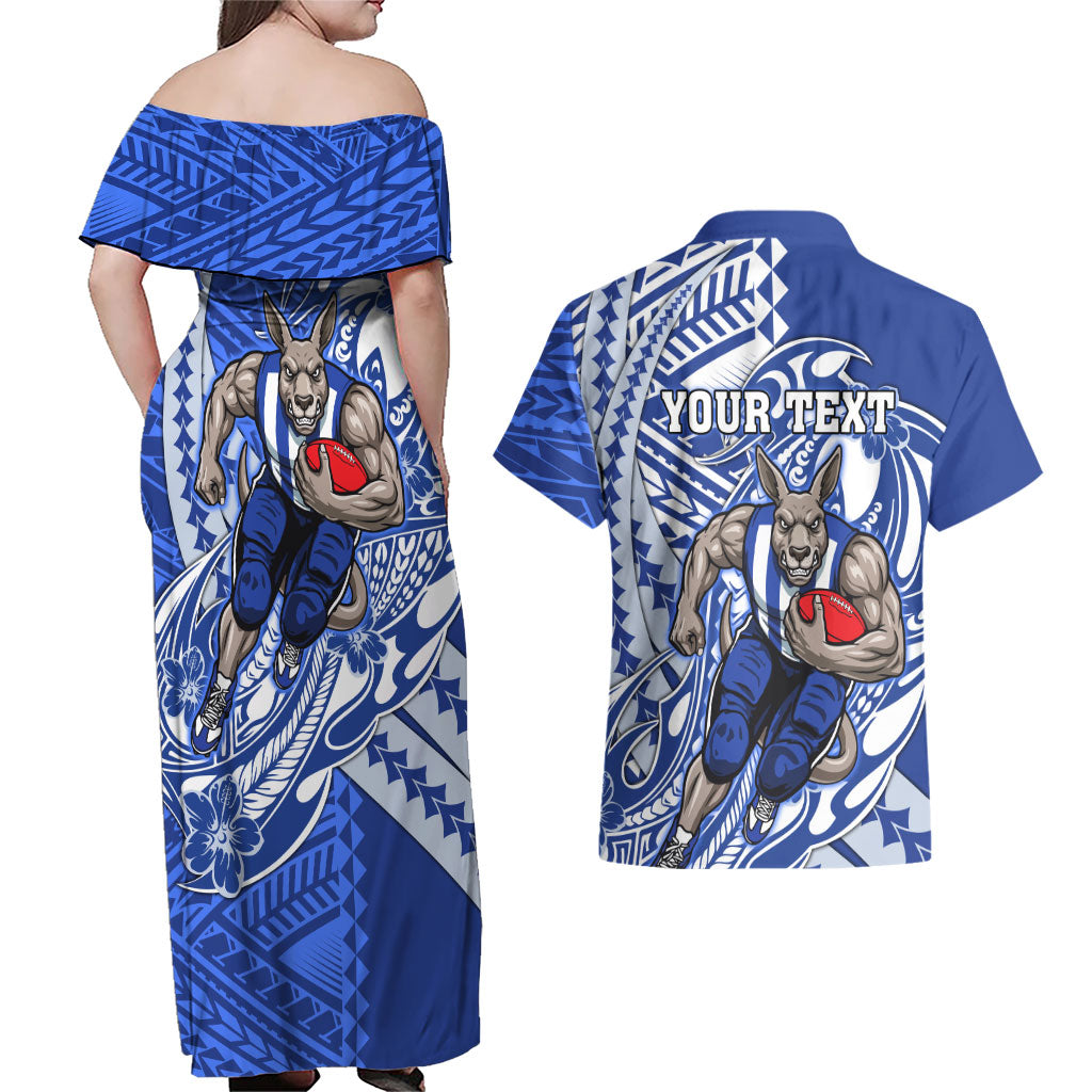 Personalized North Melbourne Kangaroos Couples Matching Off Shoulder Maxi Dress and Hawaiian Shirt Polynesian Tribal Kangaroo Mascot With Hibiscus Floral Art