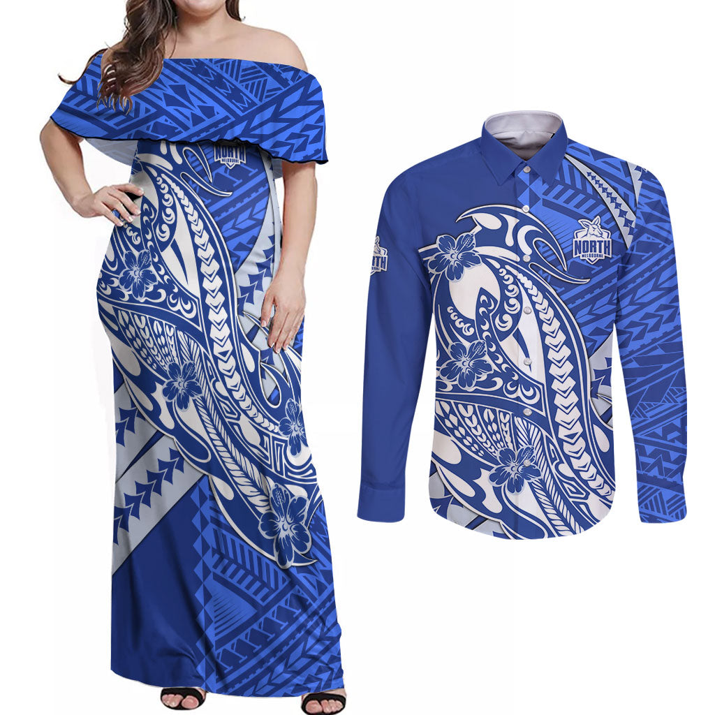 Personalized North Melbourne Kangaroos Couples Matching Off Shoulder Maxi Dress and Long Sleeve Button Shirt Polynesian Tribal Kangaroo Mascot With Hibiscus Floral Art