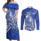 Personalized North Melbourne Kangaroos Couples Matching Off Shoulder Maxi Dress and Long Sleeve Button Shirt Polynesian Tribal Kangaroo Mascot With Hibiscus Floral Art