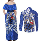 Personalized North Melbourne Kangaroos Couples Matching Off Shoulder Maxi Dress and Long Sleeve Button Shirt Polynesian Tribal Kangaroo Mascot With Hibiscus Floral Art