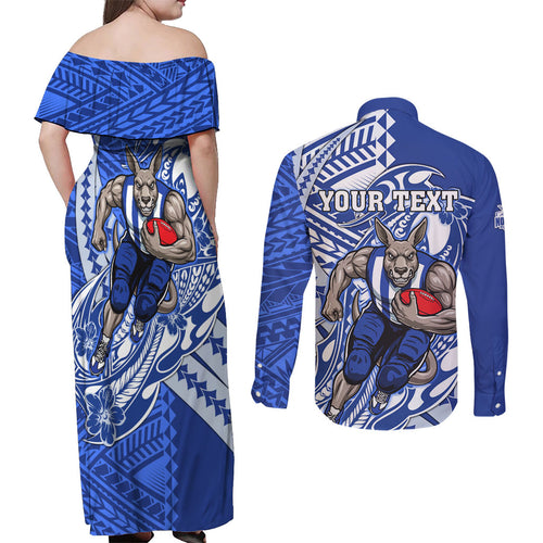 Personalized North Melbourne Kangaroos Couples Matching Off Shoulder Maxi Dress and Long Sleeve Button Shirt Polynesian Tribal Kangaroo Mascot With Hibiscus Floral Art