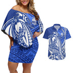 Personalized North Melbourne Kangaroos Couples Matching Off Shoulder Short Dress and Hawaiian Shirt Polynesian Tribal Kangaroo Mascot With Hibiscus Floral Art
