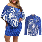 Personalized North Melbourne Kangaroos Couples Matching Off Shoulder Short Dress and Long Sleeve Button Shirt Polynesian Tribal Kangaroo Mascot With Hibiscus Floral Art