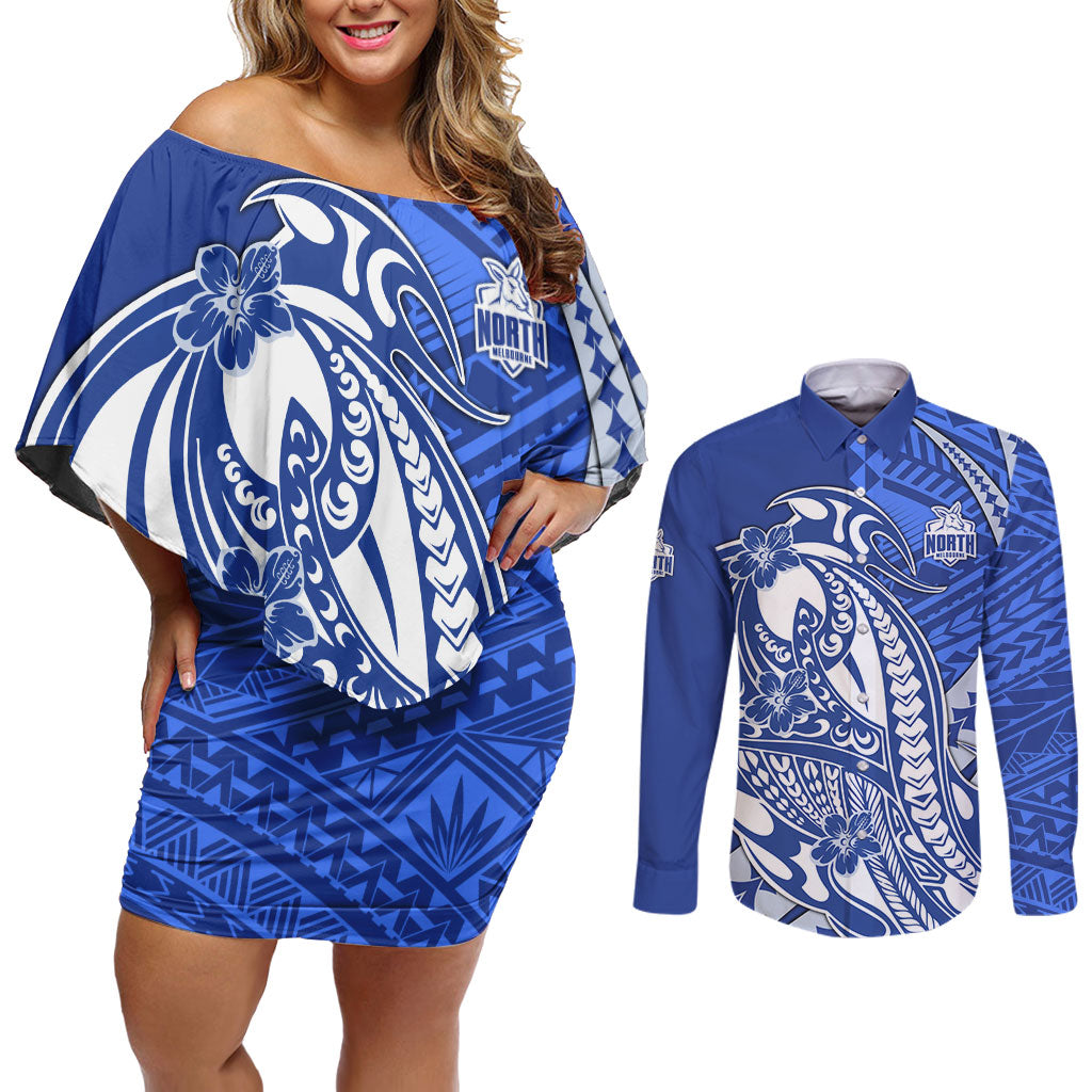 Personalized North Melbourne Kangaroos Couples Matching Off Shoulder Short Dress and Long Sleeve Button Shirt Polynesian Tribal Kangaroo Mascot With Hibiscus Floral Art