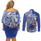 Personalized North Melbourne Kangaroos Couples Matching Off Shoulder Short Dress and Long Sleeve Button Shirt Polynesian Tribal Kangaroo Mascot With Hibiscus Floral Art