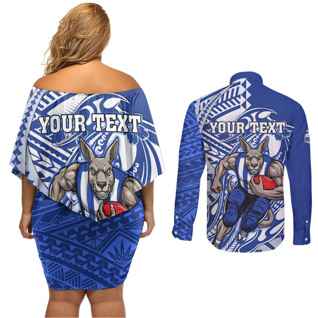 Personalized North Melbourne Kangaroos Couples Matching Off Shoulder Short Dress and Long Sleeve Button Shirt Polynesian Tribal Kangaroo Mascot With Hibiscus Floral Art