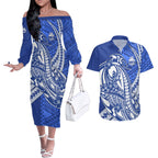 Personalized North Melbourne Kangaroos Couples Matching Off The Shoulder Long Sleeve Dress and Hawaiian Shirt Polynesian Tribal Kangaroo Mascot With Hibiscus Floral Art
