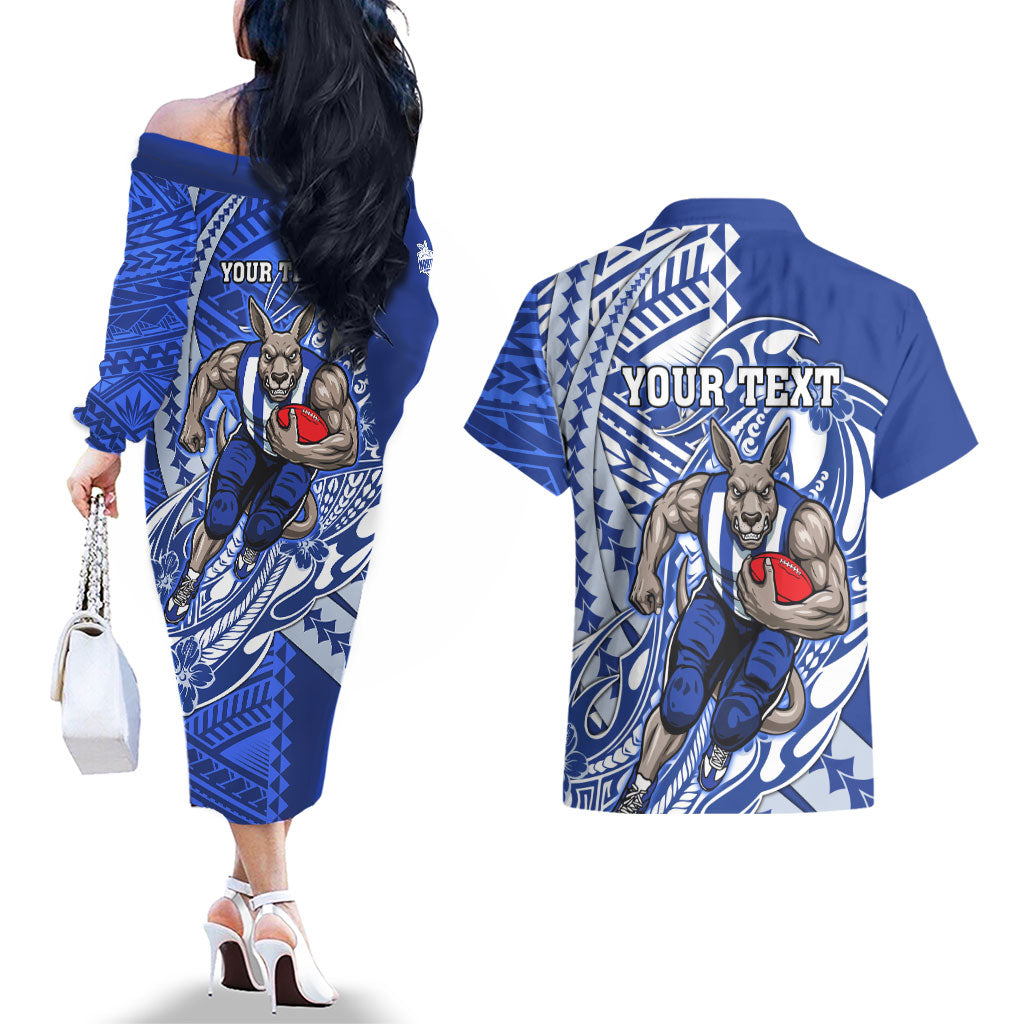 Personalized North Melbourne Kangaroos Couples Matching Off The Shoulder Long Sleeve Dress and Hawaiian Shirt Polynesian Tribal Kangaroo Mascot With Hibiscus Floral Art