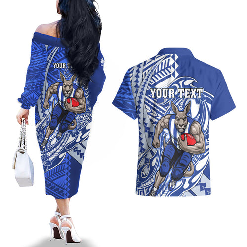 Personalized North Melbourne Kangaroos Couples Matching Off The Shoulder Long Sleeve Dress and Hawaiian Shirt Polynesian Tribal Kangaroo Mascot With Hibiscus Floral Art