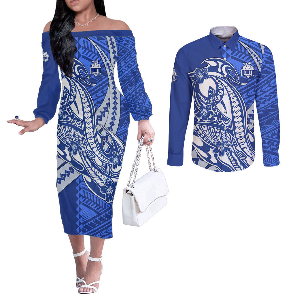 Personalized North Melbourne Kangaroos Couples Matching Off The Shoulder Long Sleeve Dress and Long Sleeve Button Shirt Polynesian Tribal Kangaroo Mascot With Hibiscus Floral Art