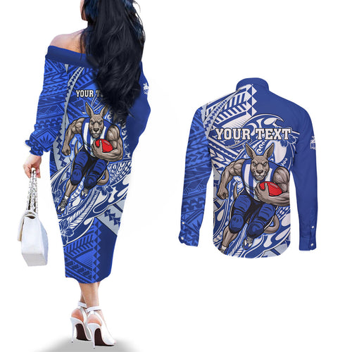 Personalized North Melbourne Kangaroos Couples Matching Off The Shoulder Long Sleeve Dress and Long Sleeve Button Shirt Polynesian Tribal Kangaroo Mascot With Hibiscus Floral Art