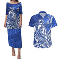Personalized North Melbourne Kangaroos Couples Matching Puletasi and Hawaiian Shirt Polynesian Tribal Kangaroo Mascot With Hibiscus Floral Art