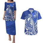 Personalized North Melbourne Kangaroos Couples Matching Puletasi and Hawaiian Shirt Polynesian Tribal Kangaroo Mascot With Hibiscus Floral Art