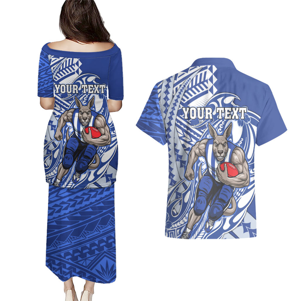 Personalized North Melbourne Kangaroos Couples Matching Puletasi and Hawaiian Shirt Polynesian Tribal Kangaroo Mascot With Hibiscus Floral Art