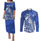 Personalized North Melbourne Kangaroos Couples Matching Puletasi and Long Sleeve Button Shirt Polynesian Tribal Kangaroo Mascot With Hibiscus Floral Art
