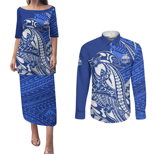 Personalized North Melbourne Kangaroos Couples Matching Puletasi and Long Sleeve Button Shirt Polynesian Tribal Kangaroo Mascot With Hibiscus Floral Art