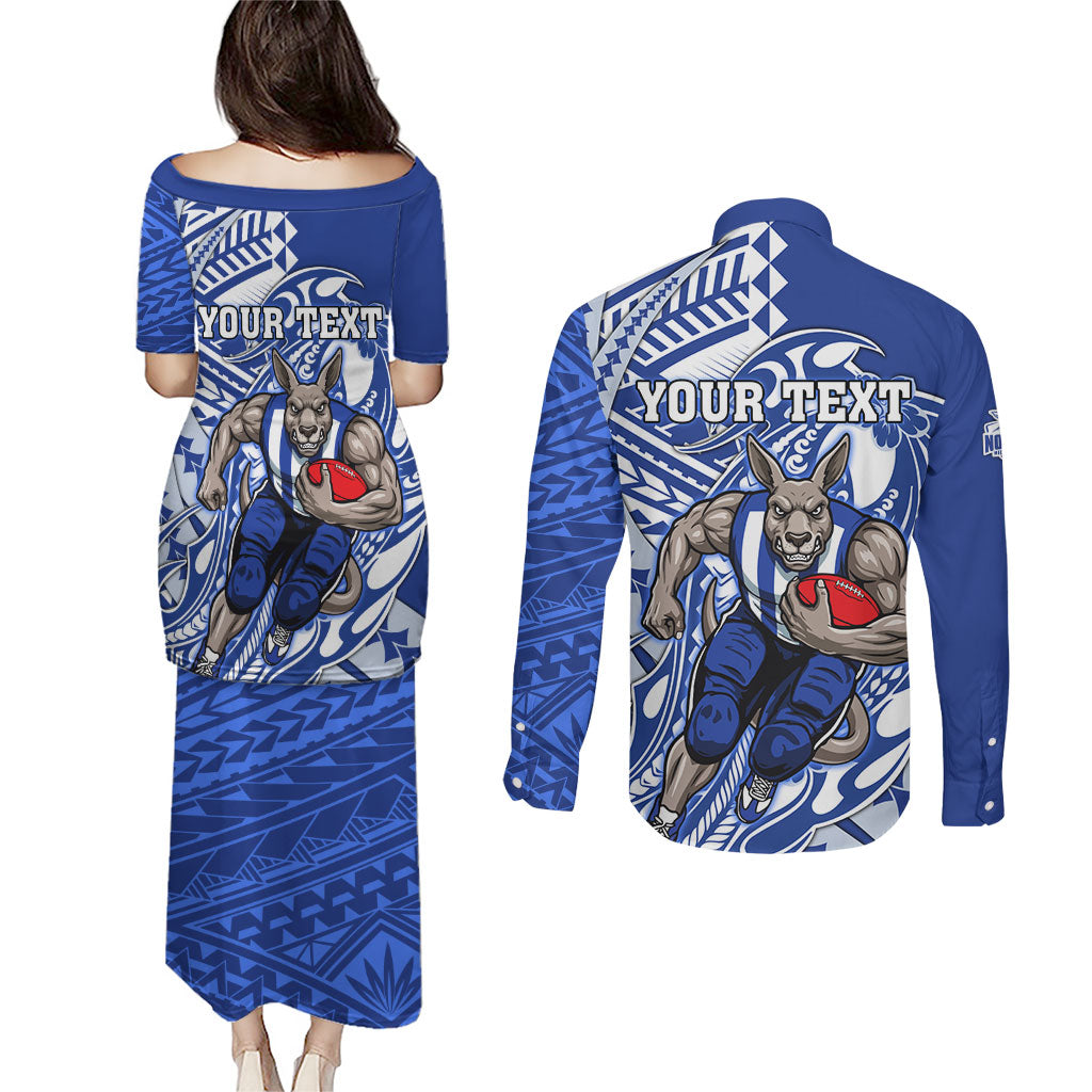 Personalized North Melbourne Kangaroos Couples Matching Puletasi and Long Sleeve Button Shirt Polynesian Tribal Kangaroo Mascot With Hibiscus Floral Art