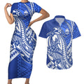 Personalized North Melbourne Kangaroos Couples Matching Short Sleeve Bodycon Dress and Hawaiian Shirt Polynesian Tribal Kangaroo Mascot With Hibiscus Floral Art