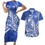 Personalized North Melbourne Kangaroos Couples Matching Short Sleeve Bodycon Dress and Hawaiian Shirt Polynesian Tribal Kangaroo Mascot With Hibiscus Floral Art