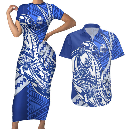 Personalized North Melbourne Kangaroos Couples Matching Short Sleeve Bodycon Dress and Hawaiian Shirt Polynesian Tribal Kangaroo Mascot With Hibiscus Floral Art