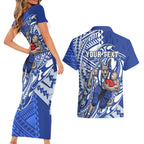 Personalized North Melbourne Kangaroos Couples Matching Short Sleeve Bodycon Dress and Hawaiian Shirt Polynesian Tribal Kangaroo Mascot With Hibiscus Floral Art