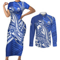 Personalized North Melbourne Kangaroos Couples Matching Short Sleeve Bodycon Dress and Long Sleeve Button Shirt Polynesian Tribal Kangaroo Mascot With Hibiscus Floral Art